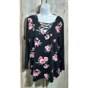 Eye Candy Black Floral Blouse Size 2X 3/4 Sheer Sleeve Top V-Neck